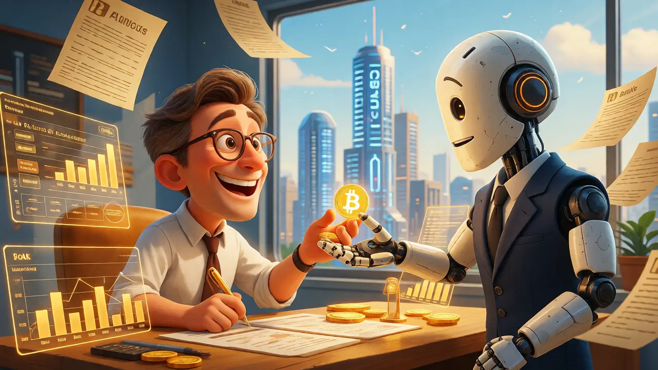 Happy cartoon investor paying taxes to a friendly robot in a futuristic setting.