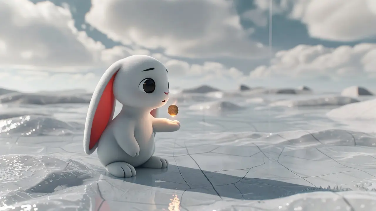 Lonely 3D rabbit holding a faintly glowing coin in a white void