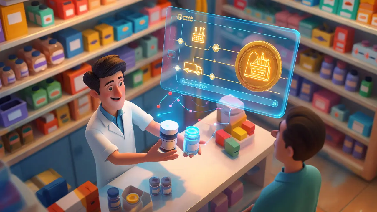 Pharmacist verifying drug authenticity via an immutable blockchain ledger.