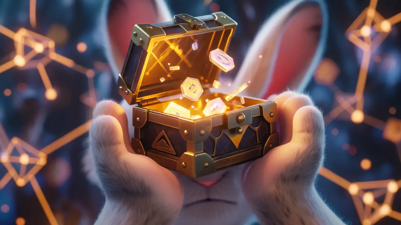 Rabbit hands opening a glowing mystery box with floating tokens