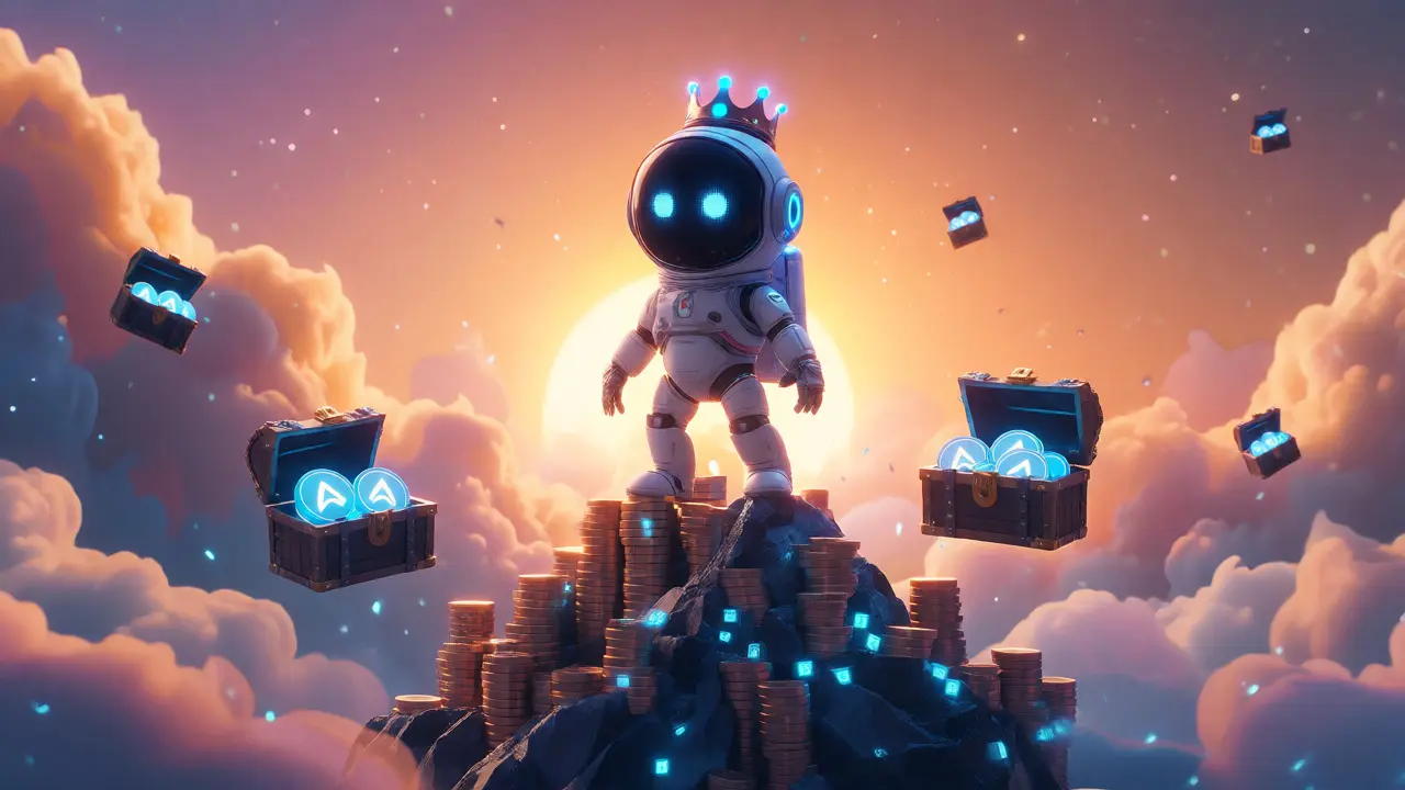 Robot astronaut wearing a crown atop a pile of tokens