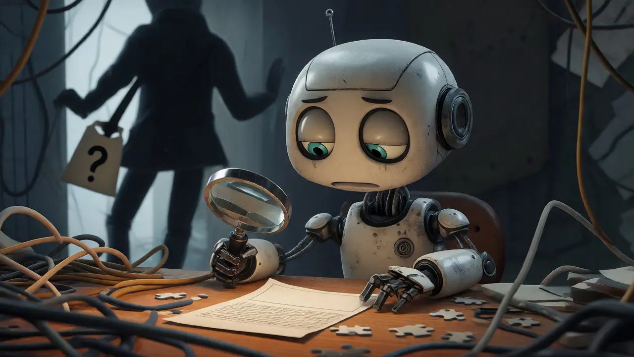 Robot examining a blank contract while a mysterious figure sneaks away in the shadows.