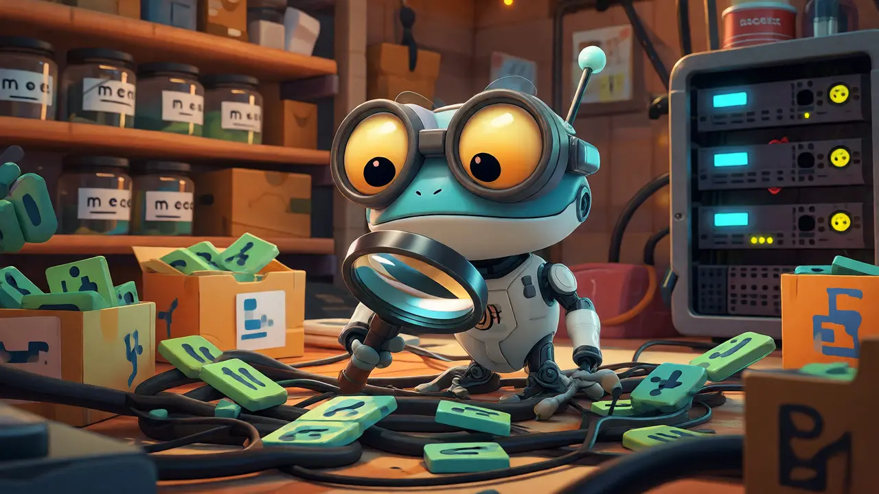 Robot frog sorting through tangled cables and identical meme tokens in a chaotic digital workshop.