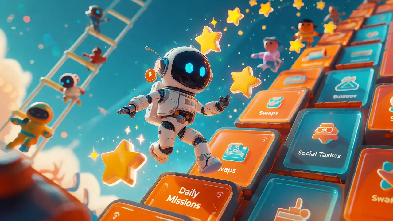 Robot jumping between mission platforms collecting XP stars