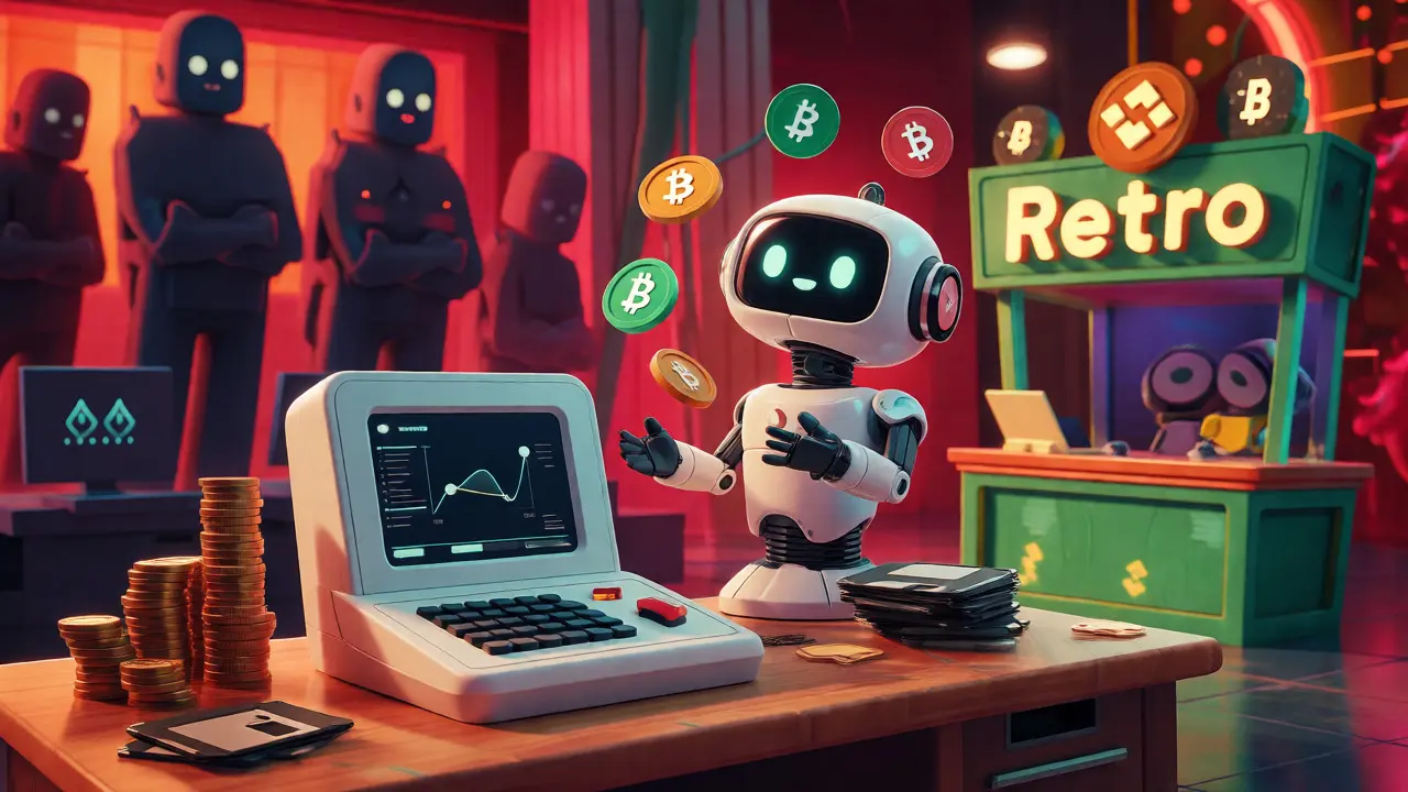 Robot managing volatile crypto trades near stable giants