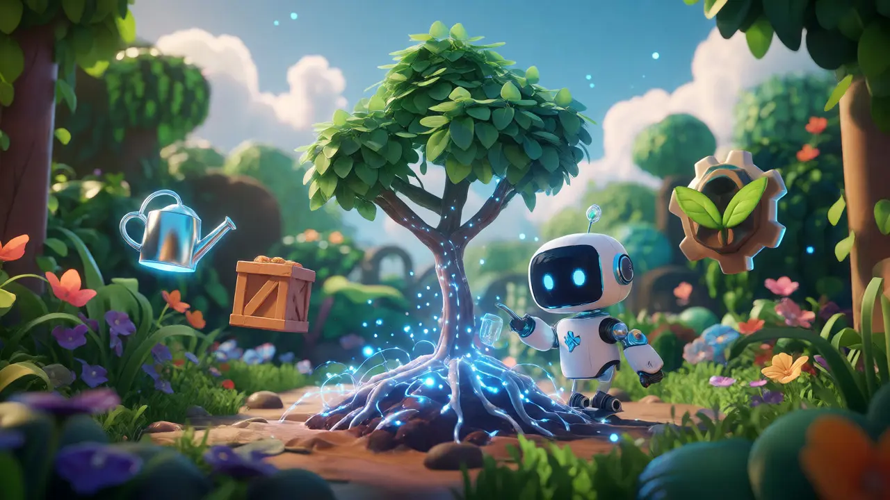 Robot watering magical tree in virtual garden with upgrade items
