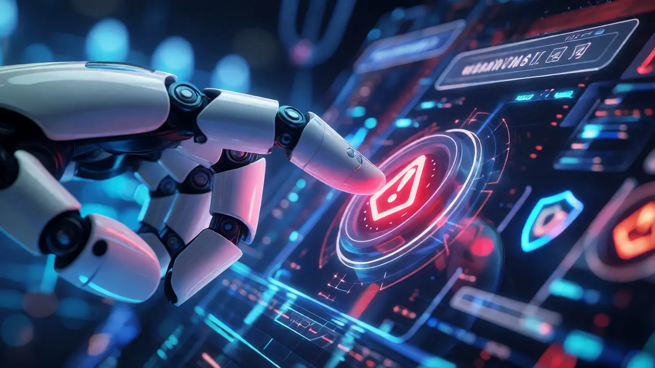 Robotic hand hesitating over a glowing red button in a digital space.