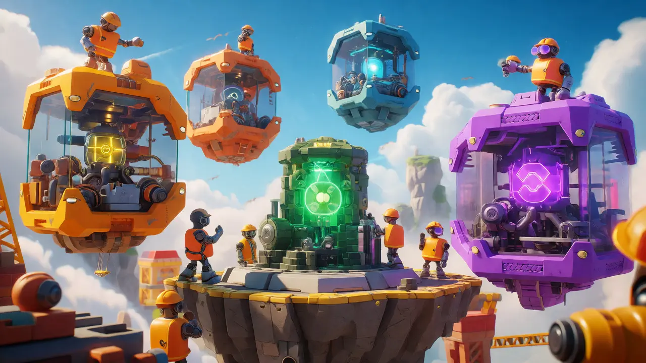 Robots building independent colorful blockchain islands floating in the sky