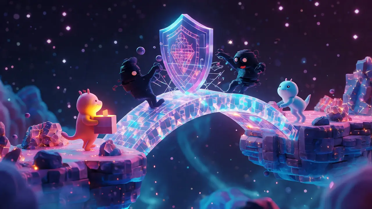 Secure crystal bridge connecting platforms under a protective shield against dark glitch monsters.