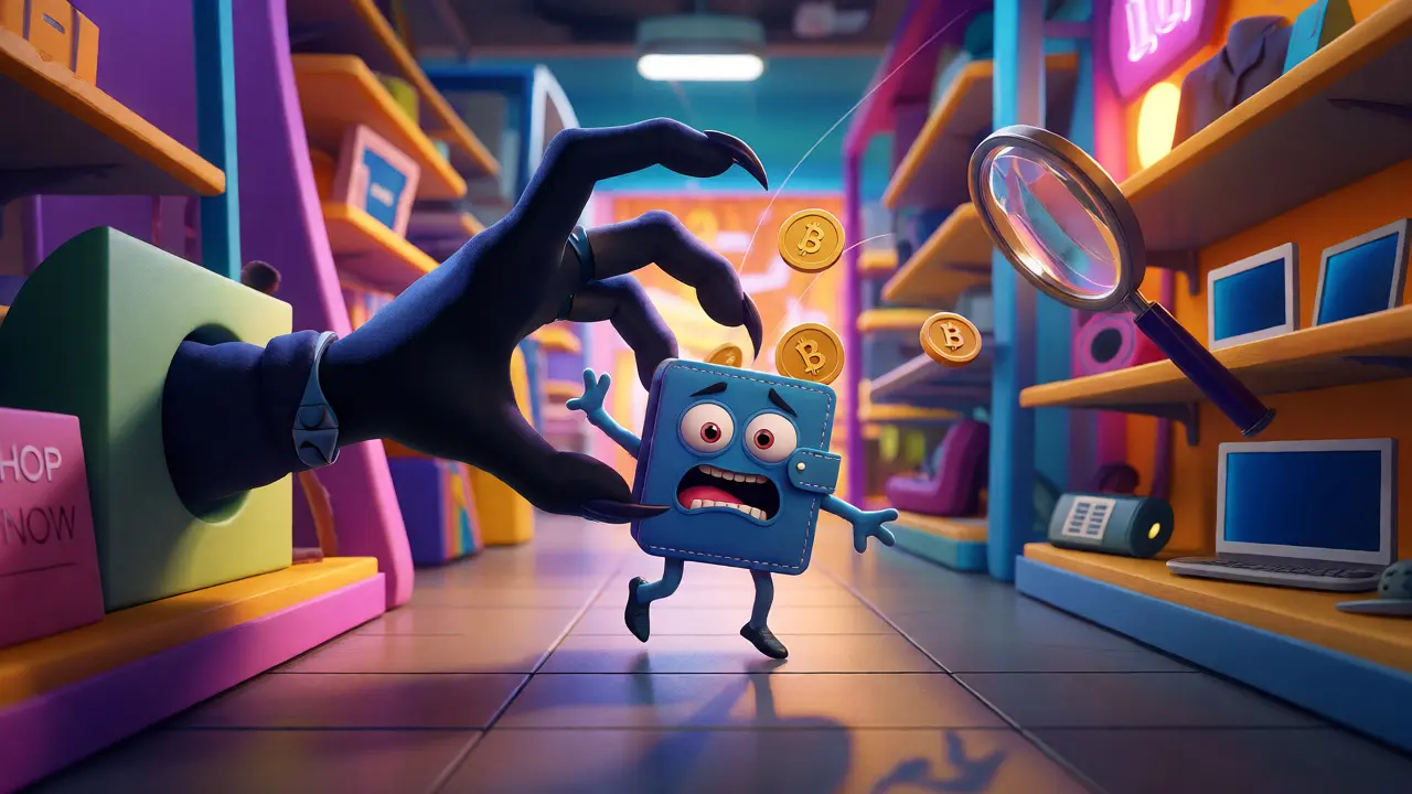 Shadowy hand stealing coins from a scared crypto wallet