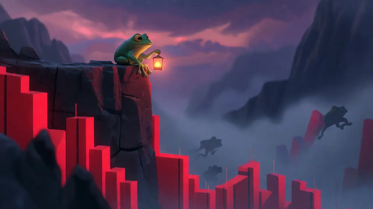 Small frog character standing on a cliff edge overlooking a misty abyss of falling market charts.