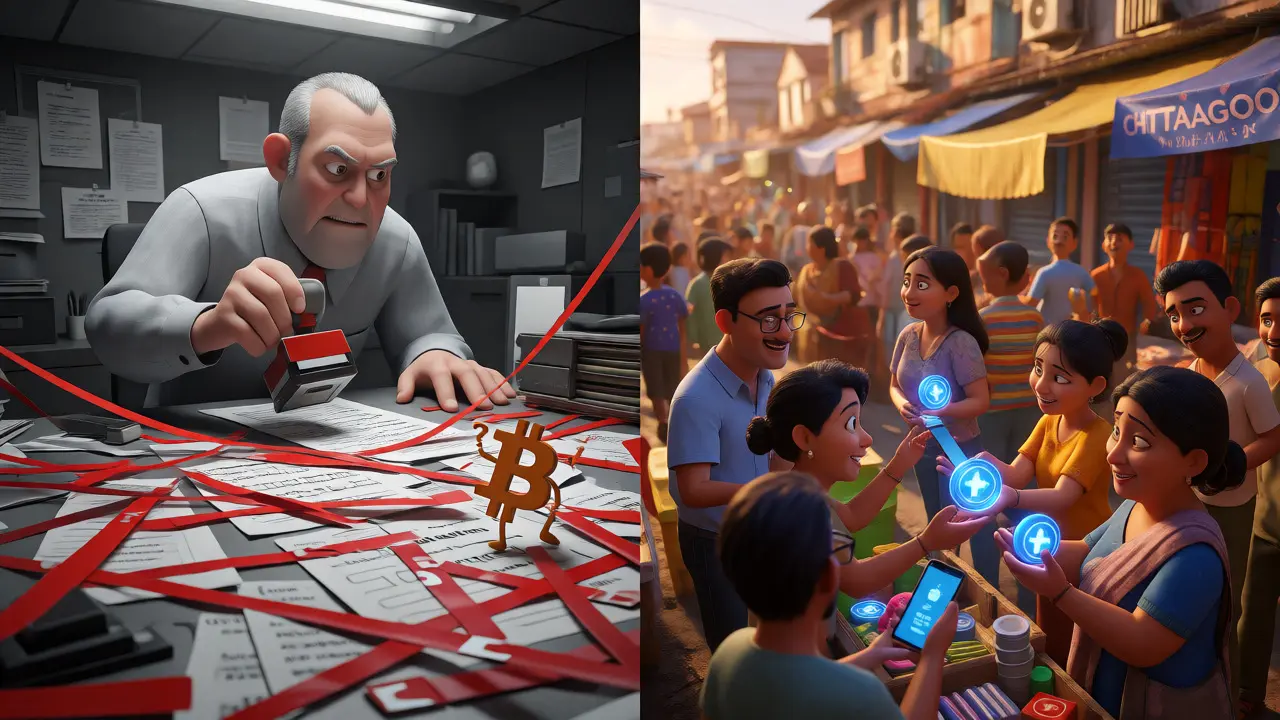Split scene showing restrictive banking bureaucracy versus vibrant crypto trading streets.