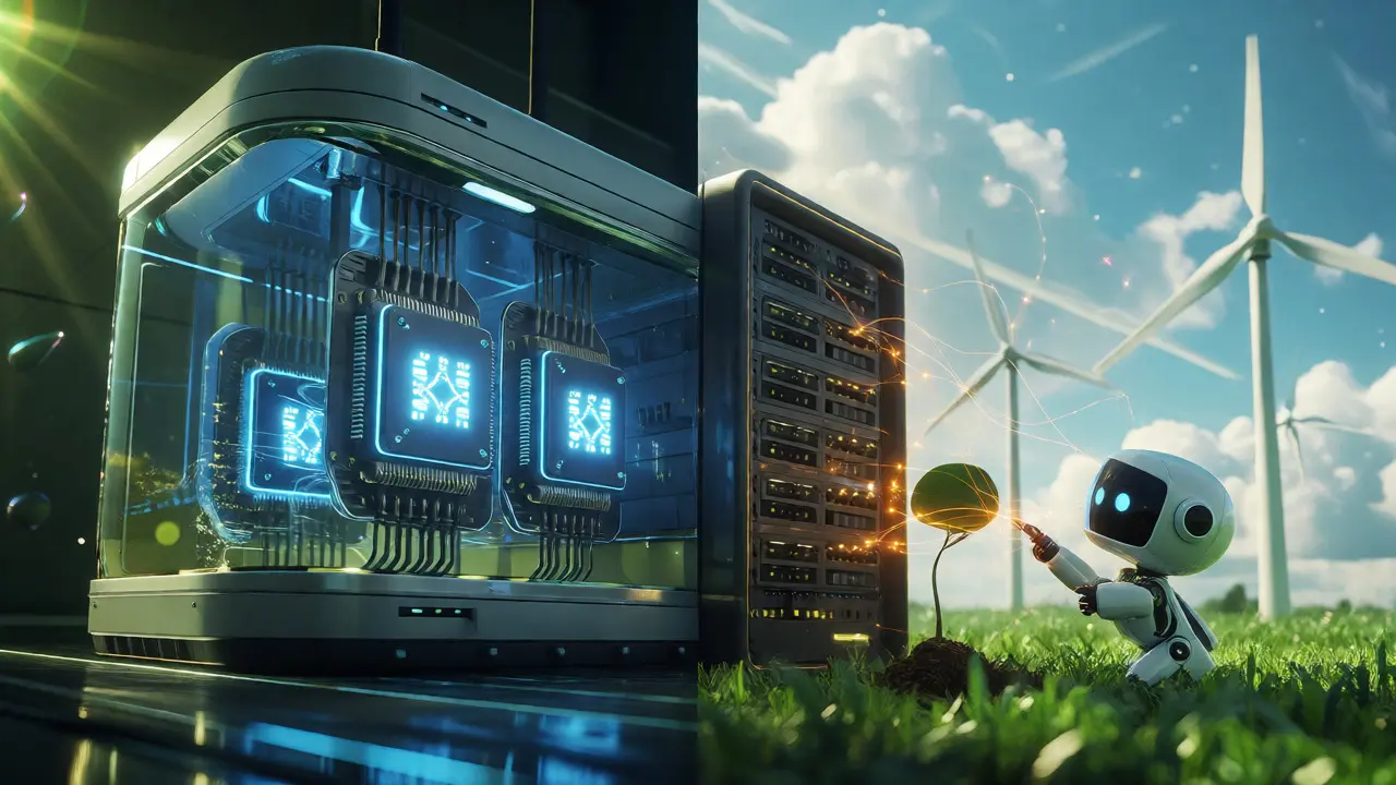 Submerged computer chips in an oil tank next to wind turbines and a planted tree