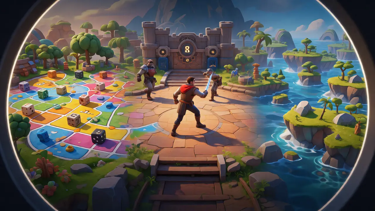 Three game worlds merging: board game, RPG, and idle arena