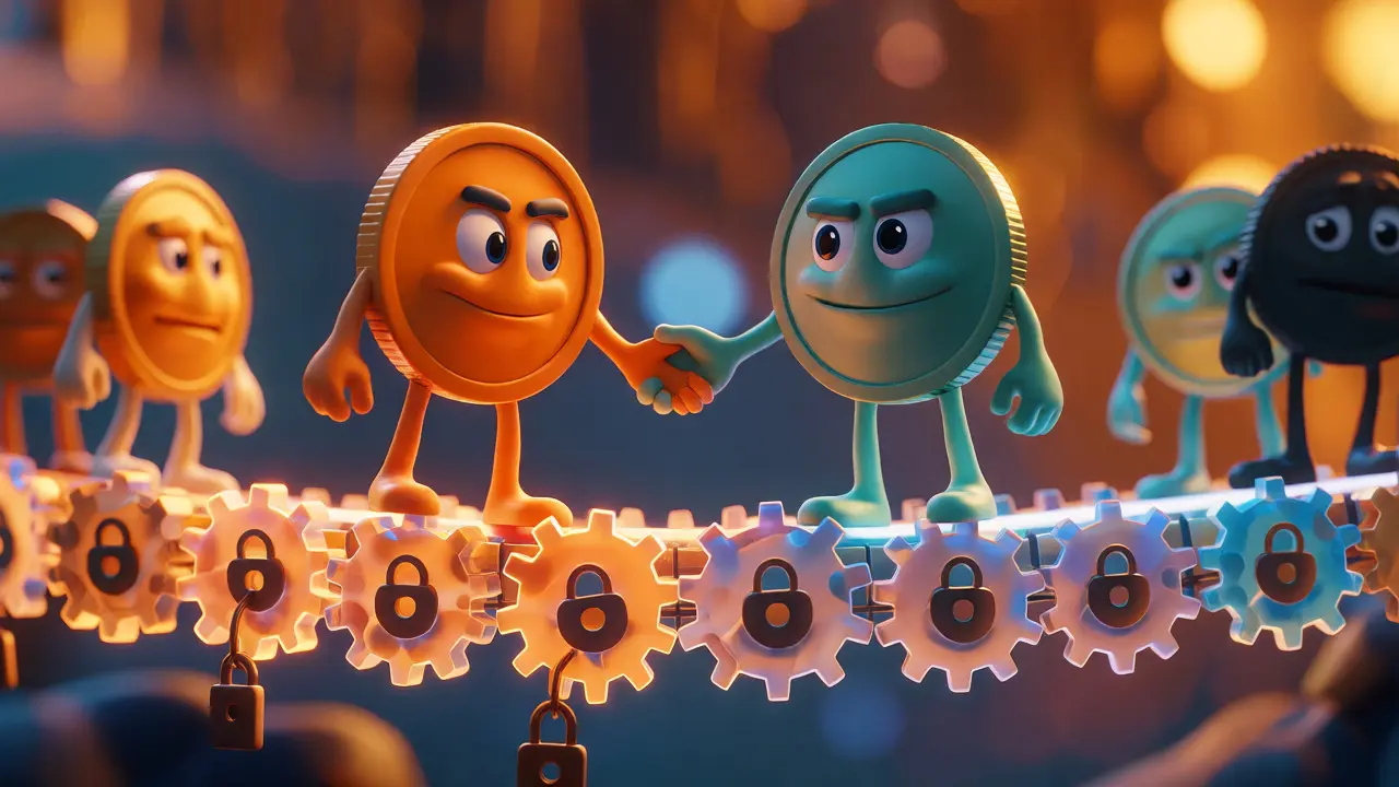 Two crypto coins shaking hands on a mechanical bridge representing atomic swaps