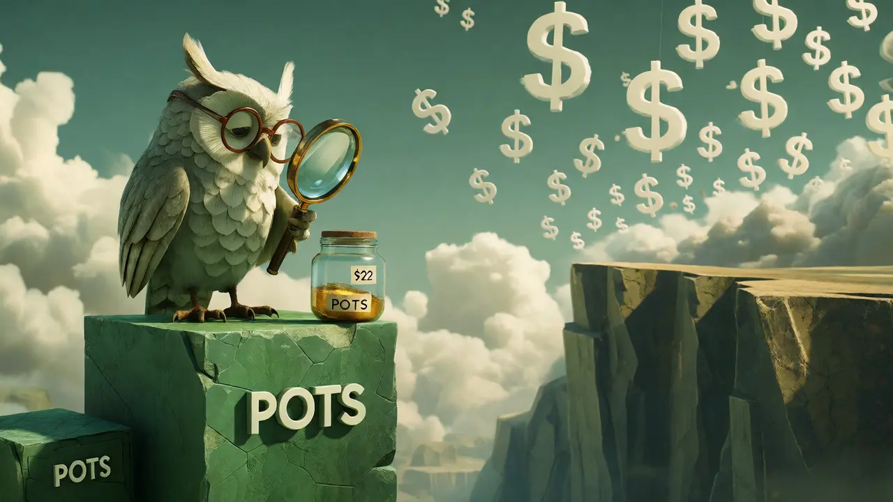 Wise owl inspecting a small jar of tokens near a steep price drop cliff.