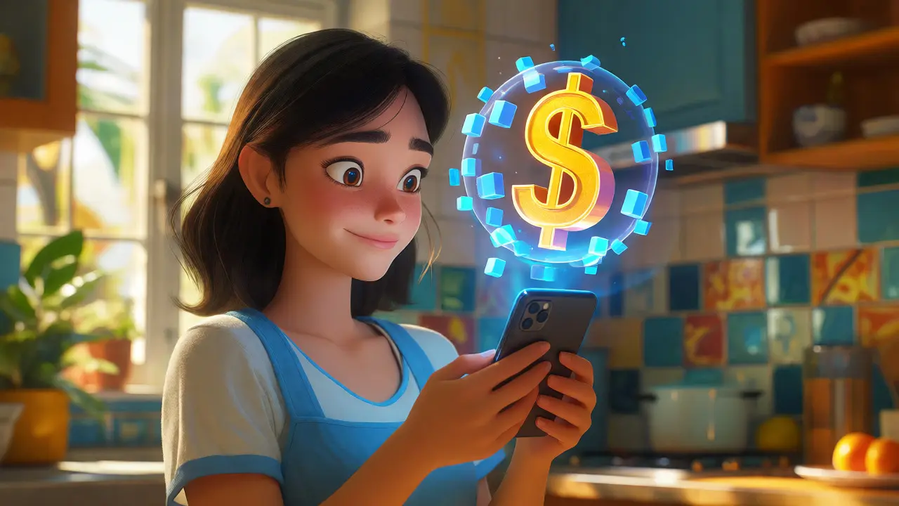 Woman holding phone with floating digital dollar bubble